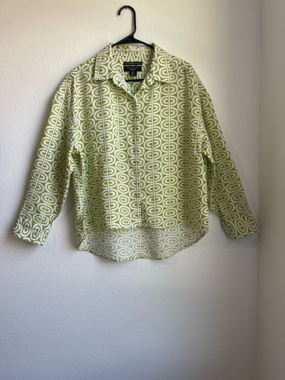 Tahari Lime Green Geometric Linen Button-Up Shirt Size M - Picture 7 of 12
